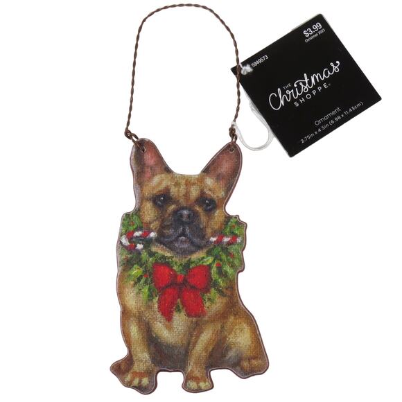 French Bulldog Christmas Tree Ornament Décor 4.5 " Tall Wreath,  Candy Cane - Picture 1 of 14